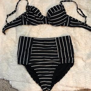 black and white high rise bathing suit